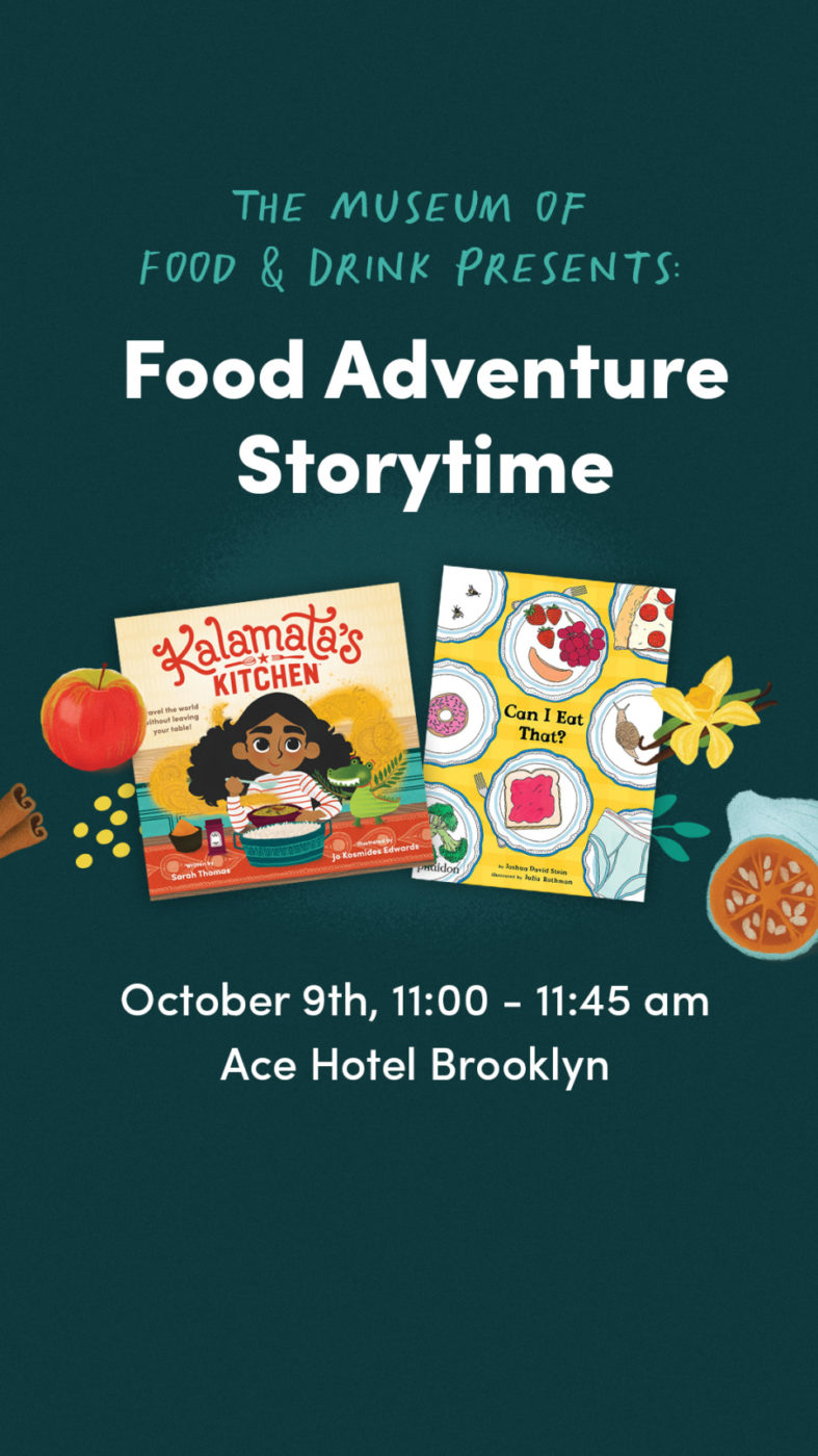 Poster advertising Food Adventure Storytime event with green background