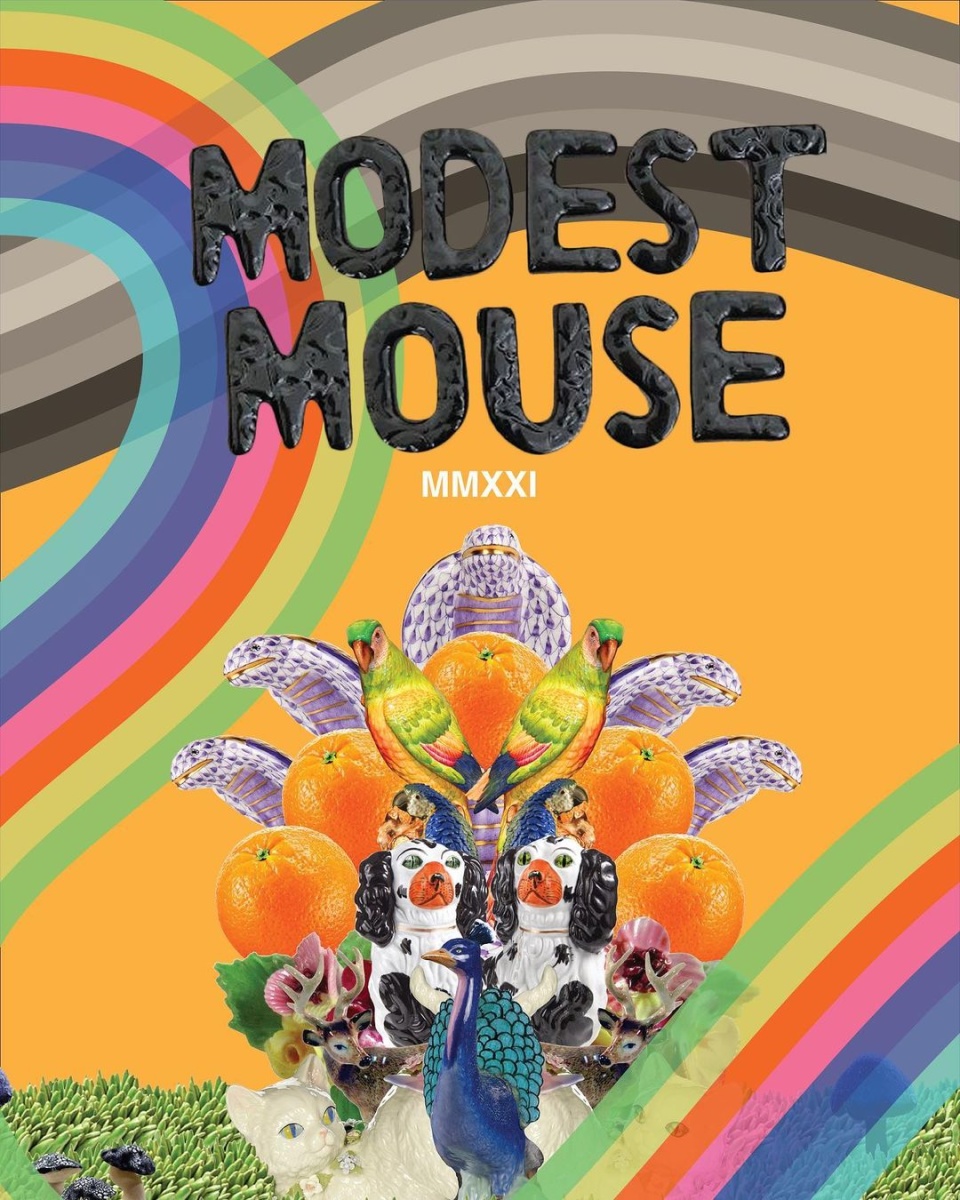 Modest mouse poster with orange background and ranbows