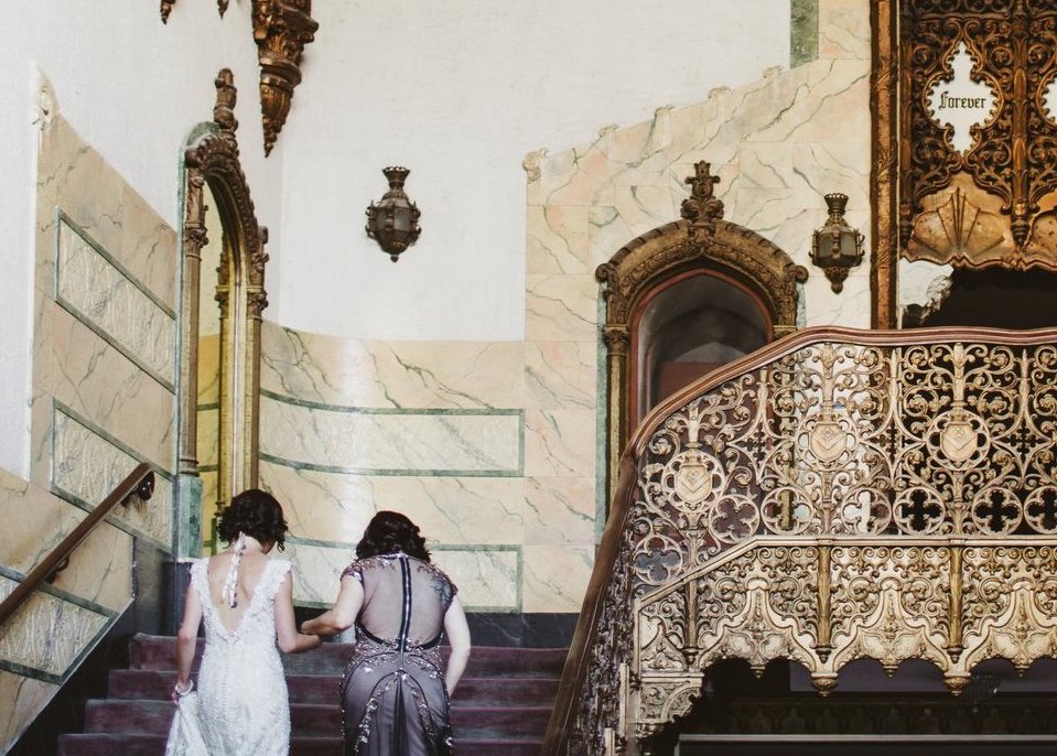 women walking up stairs