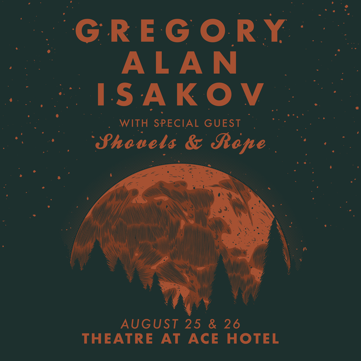 Hand-drawn image of a red moon with dark trees in the foreground and red stars in the background. Text above reads "Gregory Alan Isakov with special guest Shovels & Rope"