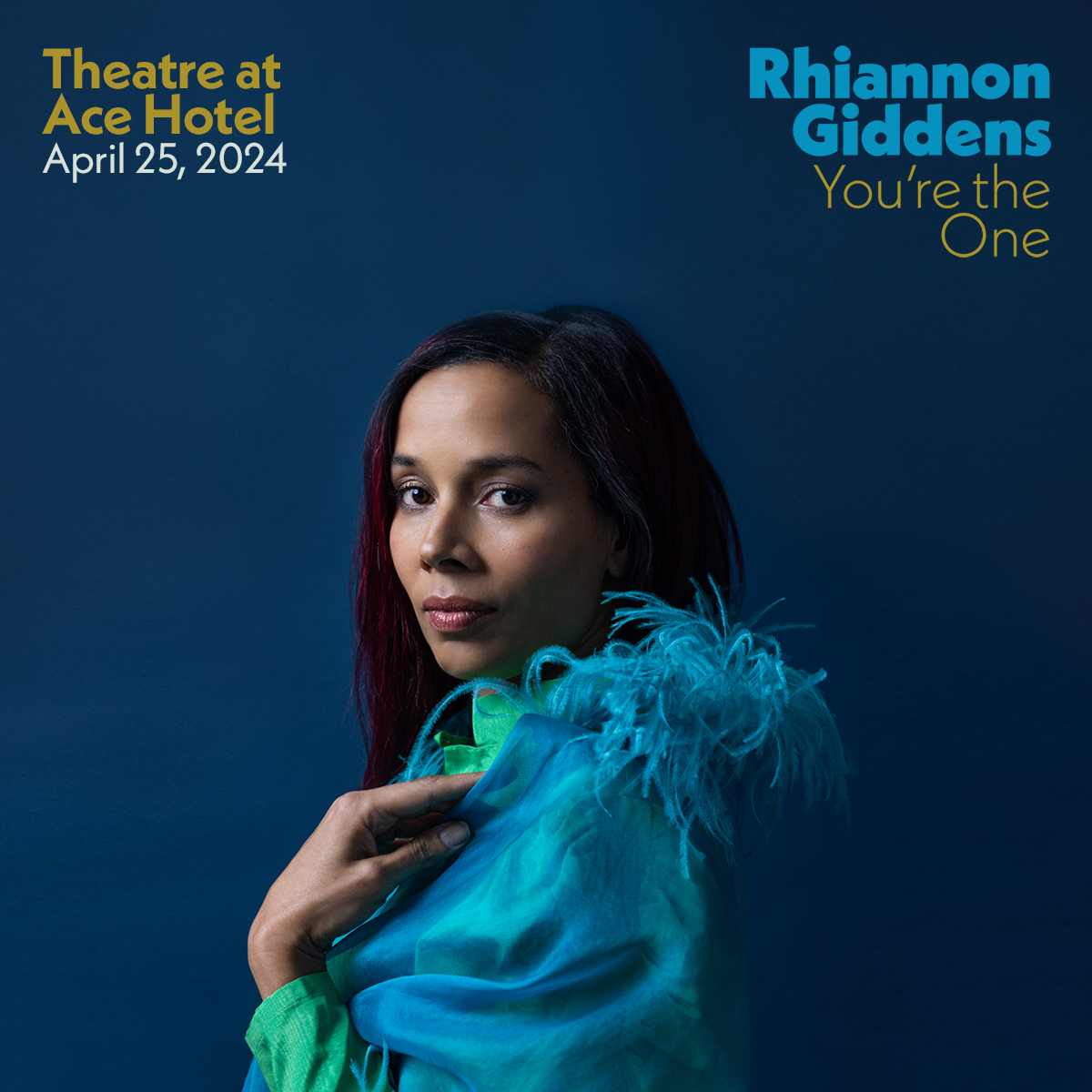 Top Description: Rhiannon Giddens You're the One Theatre at Ace Hotel April 25, 2024 Bottom: Rhiannon GIddens is pictured with a teal wrap with a feather neck, wearing a green long sleeve underneath. She faces to the left and has a magenta glow to her hair.