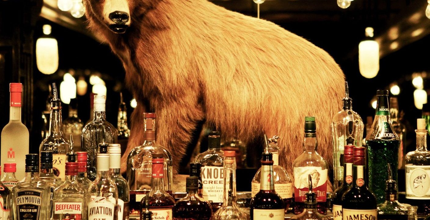 The Amigo Room bar with bottles of spirits and a taxidermy bear
