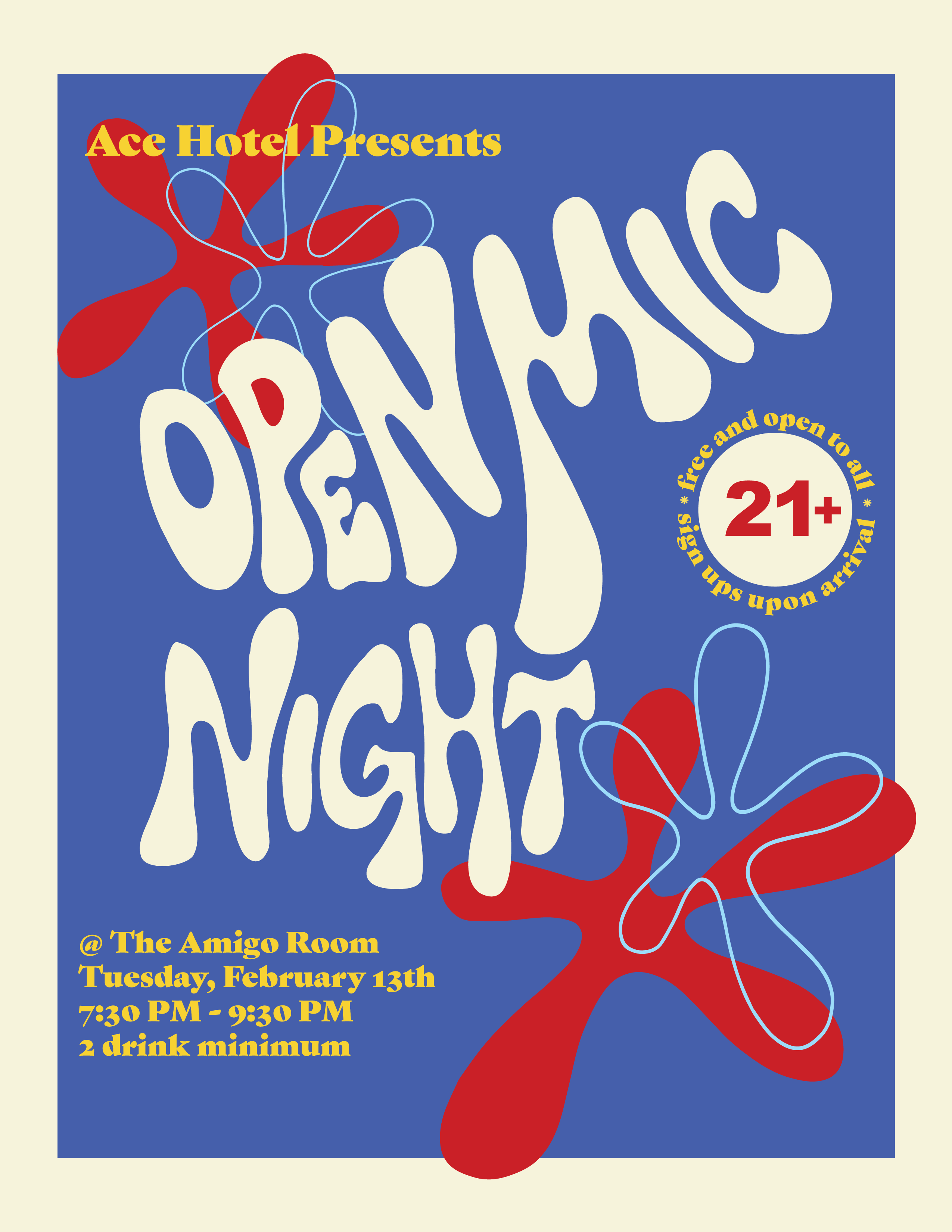 Open Mic Night blue flyer with white text and red flowers