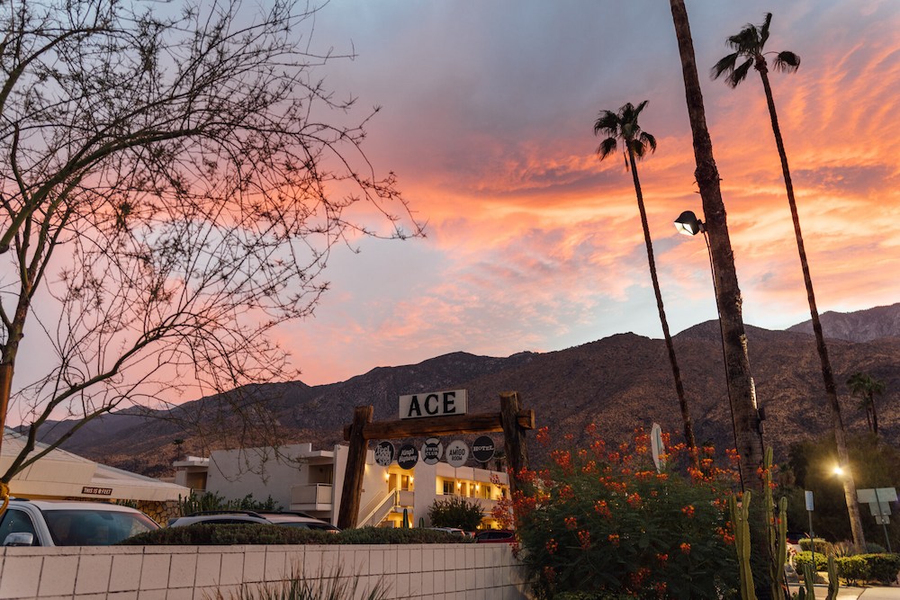A scenic view of Ace Hotel Palm Springs at dusk.