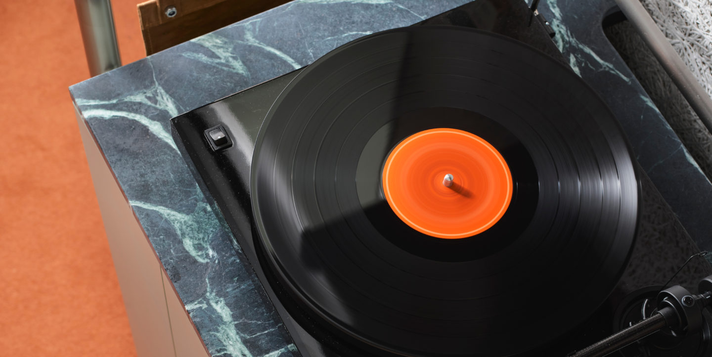 Record on turntable on marble tray