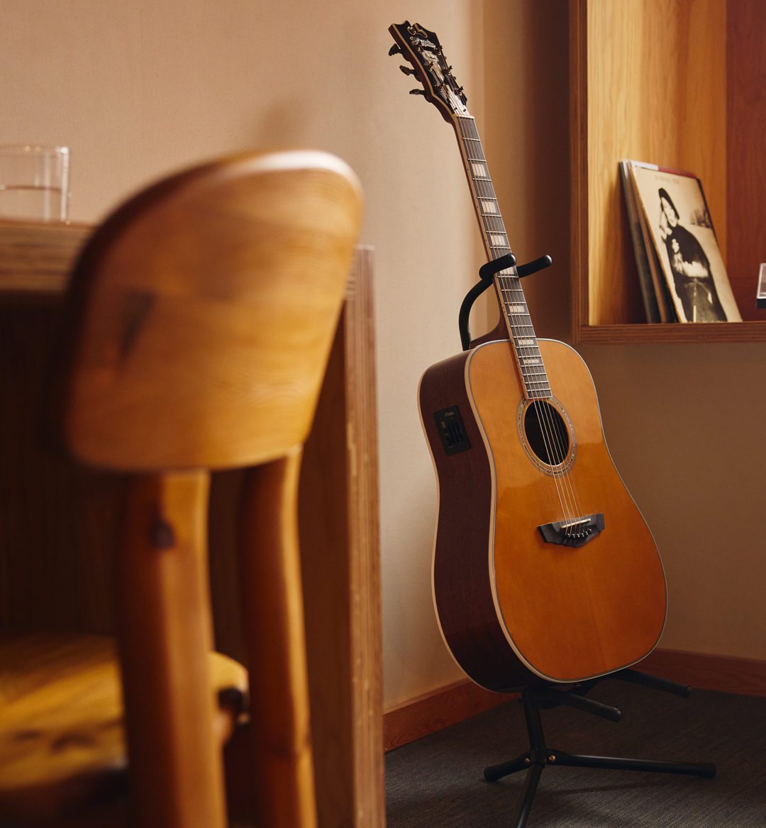 a desk and a guitar