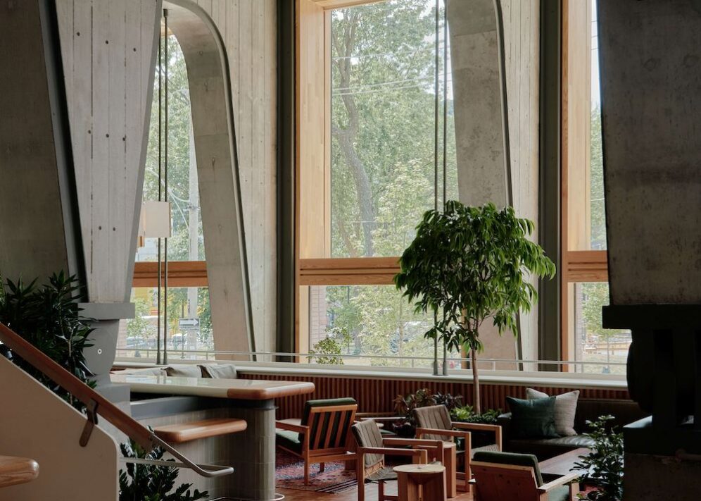 lobby - inside shot showing a huge window and ample seating/tables