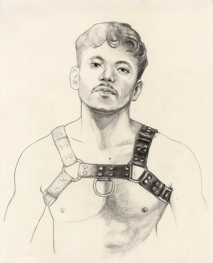 drawing of person wearing a leather chest strap