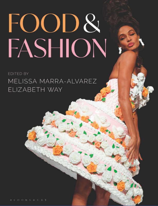 poster of food and fashion with model wearing a dress shaped like a cake